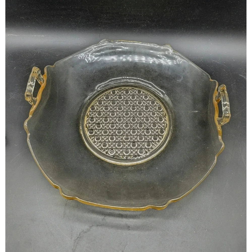 Lancaster Glass Yellow Topaz  Depression Glass Serving Tray Handled Platter 10